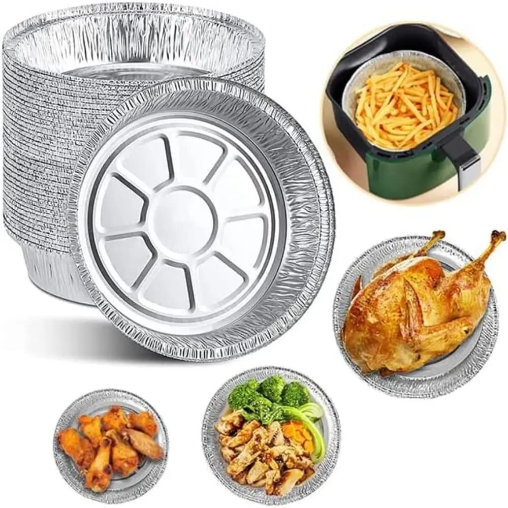 50 Pezzi Vaschette Rotonde in Alluminio, Contenitori Monouso in Foglio d'Alluminio Argentato per Alimenti, Piatti in Alluminio, Teglie per Torte in Alluminio per Friggitrice ad Aria