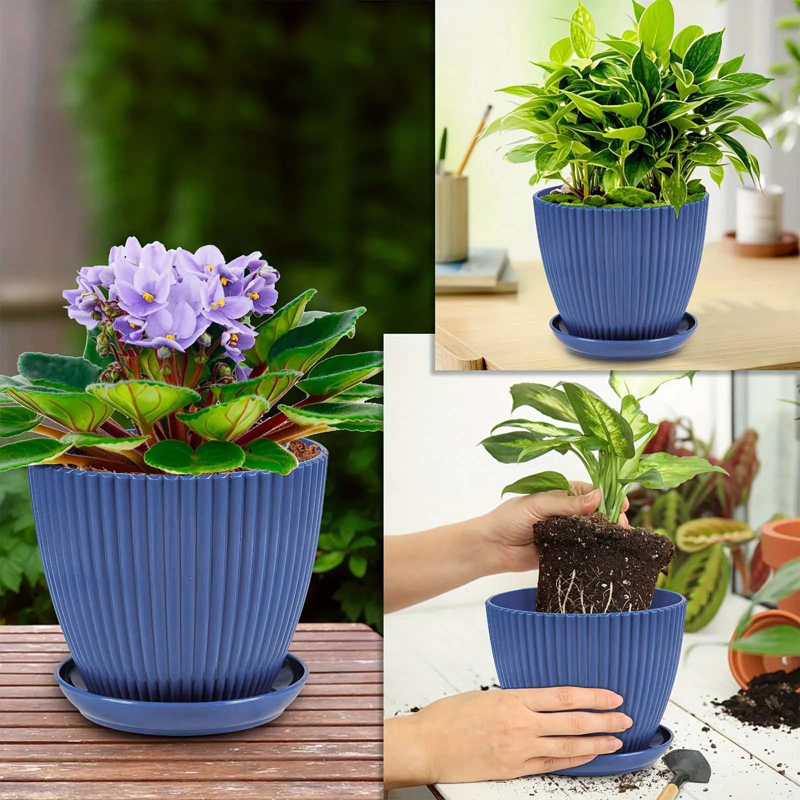 Vaso per Piante a Strisce Verticali Ispessito, in Plastica Non Ceramica, con Sottovaso, per Balcone e Scrivania, Decorazione per Piante in Vaso, Tendenza 2026
