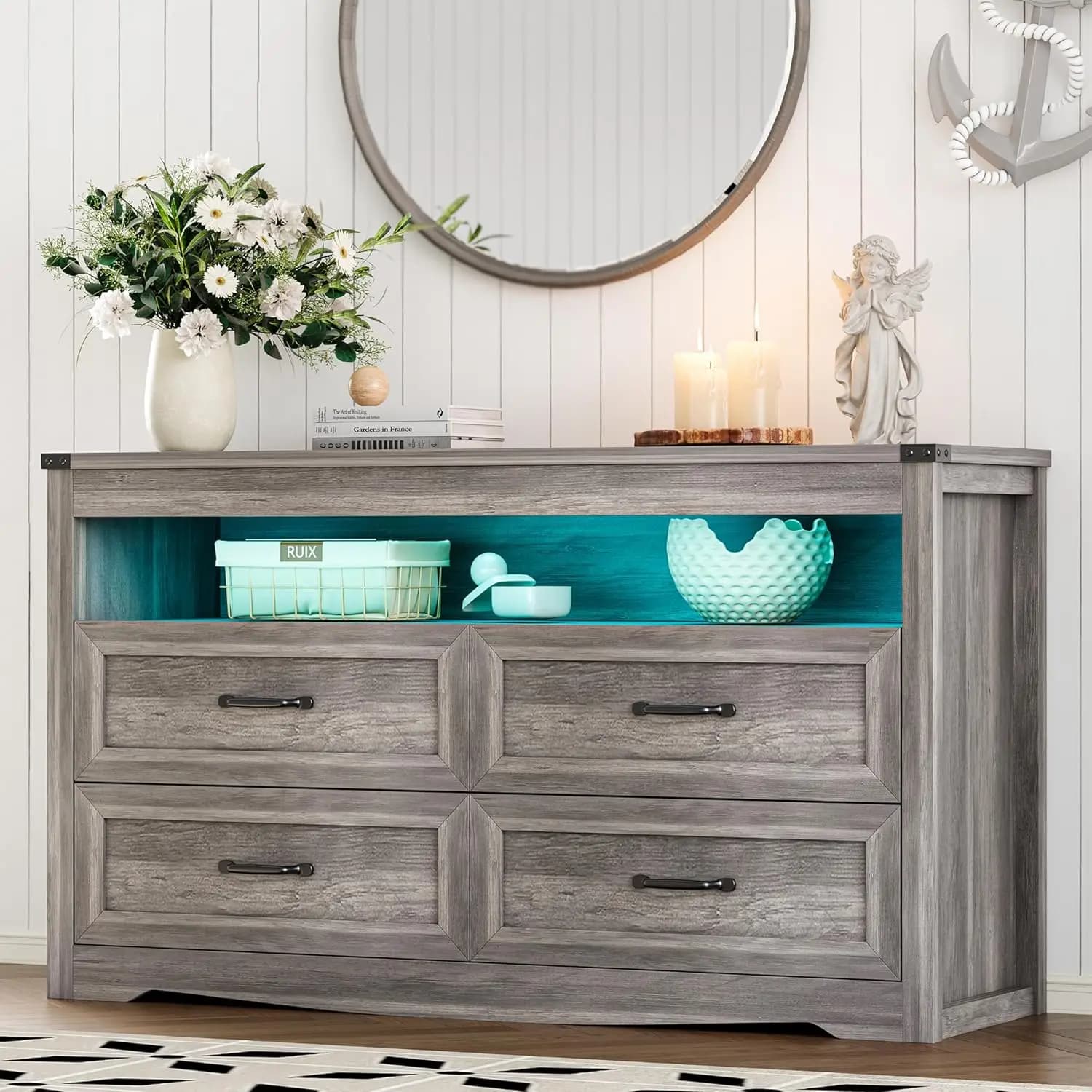 Cassettiera a 4 cassetti per camera da letto, stile rustico, con LED, in legno naturale, ampia, mobile porta TV, per ingresso, grigio, personalizzabile
