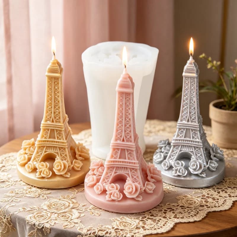 Stampo in Silicone 3D Torre Eiffel con Base a Rosa per Creazione Candele Fai-da-Te, Stampo Scultura Torre Eiffel Premium, Bomboniere Matrimonio