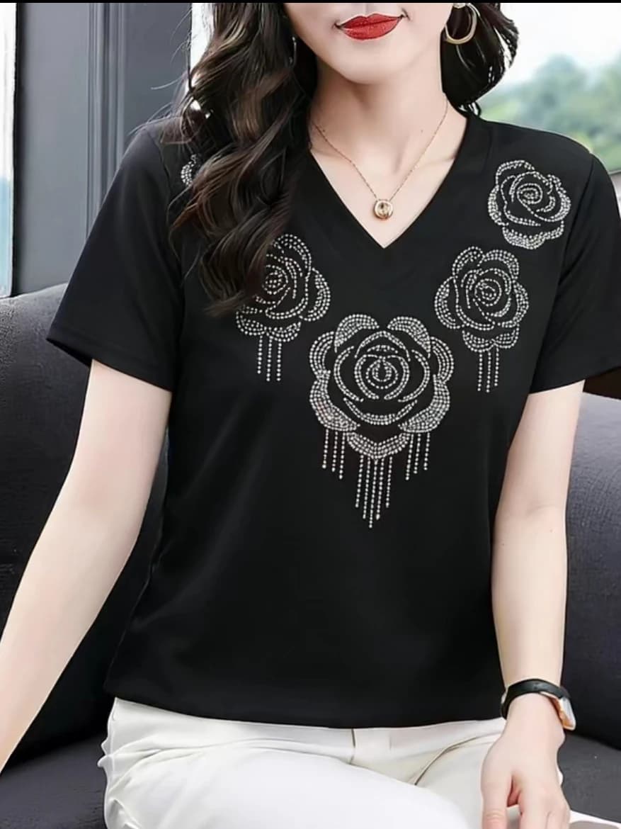 Summer New Fashion Anti-Aging Versatile Rose Rhinestone Short Sleeve T-Shirt Women Casual Chic Meat Concealing Slimming V-Nec...