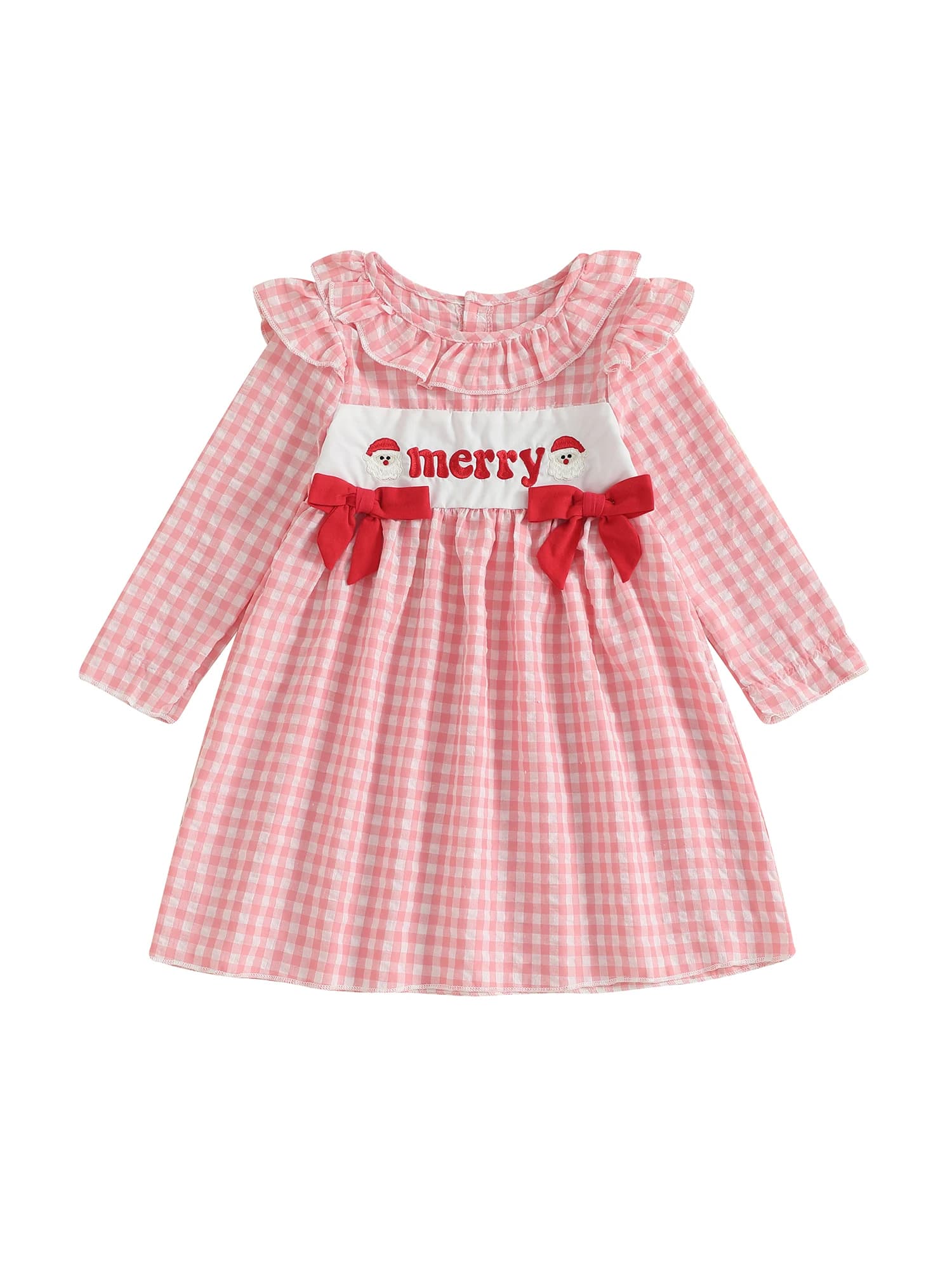 Grazioso abito scozzese rosso per bambine con lettere natalizie festive e ricami di Babbo Natale - Elegante abito da vacanza a maniche lunghe