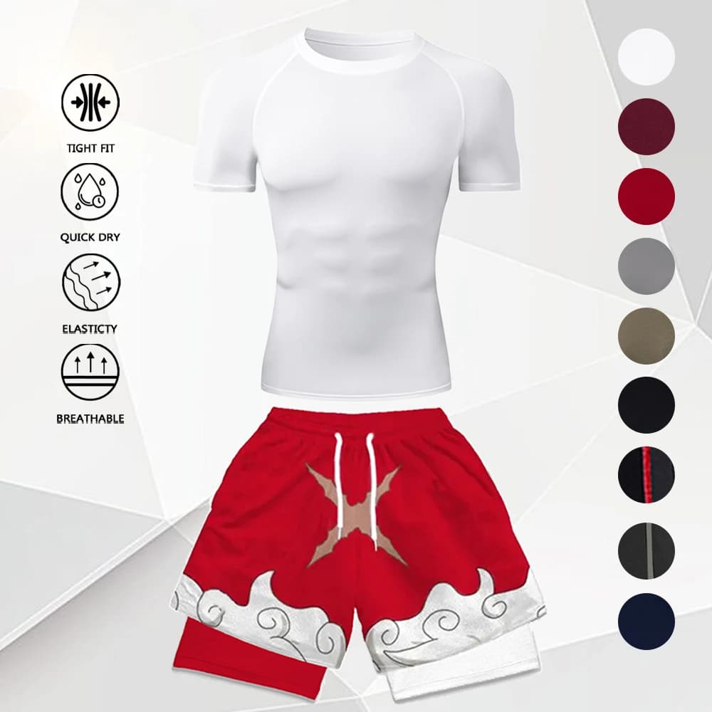 Completo Sportivo da Uomo 2 Pezzi Anime: Maglietta a Compressione Bianca + Pantaloncini a Doppio Strato con Stampa Nuvole Rosse, Asciugatura Rapida, per Fitness e Sport