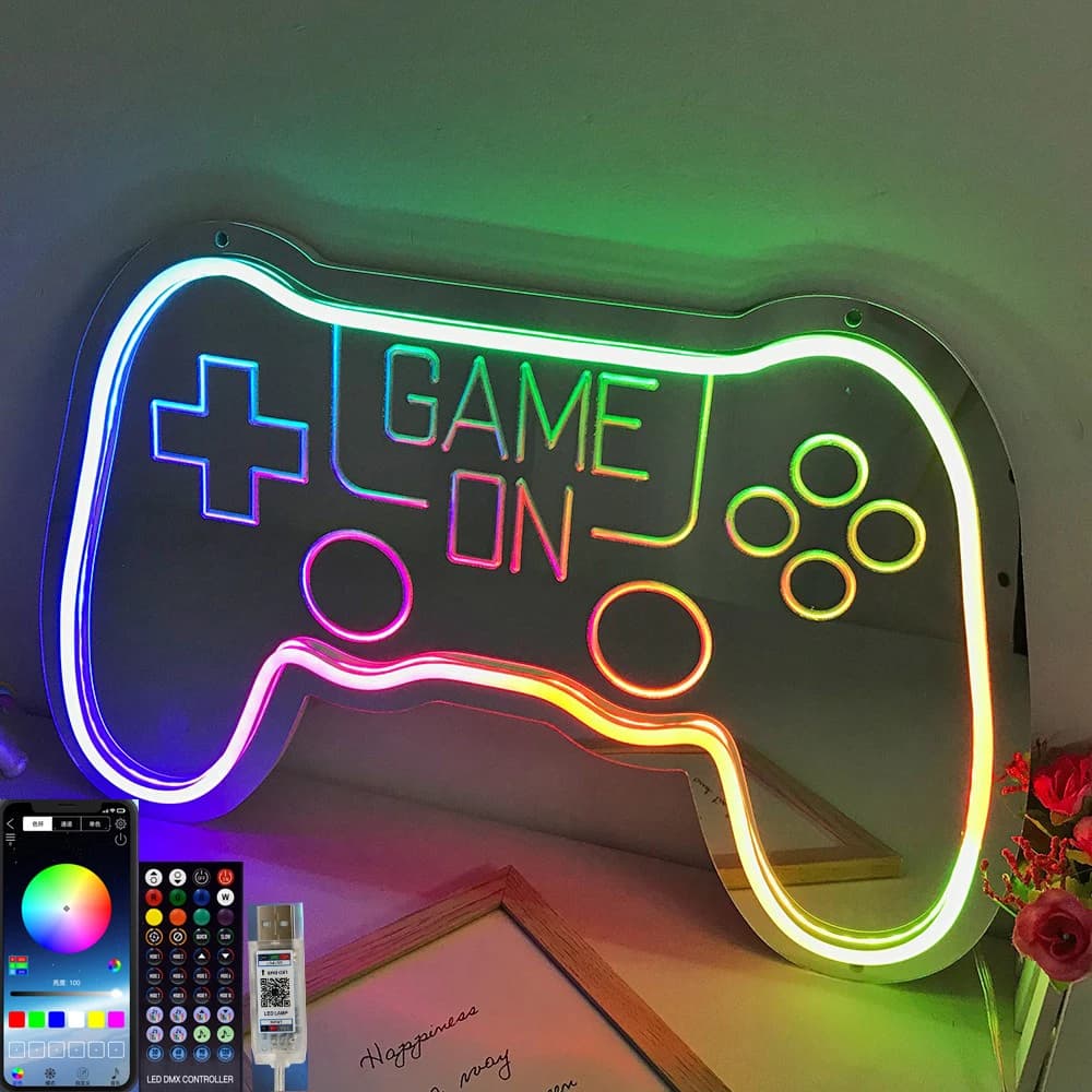 Insegna al neon per gamepad Bluetooth RGBIC per la parete della stanza dei giocatori Decorazione per feste domestiche Scheda acrilica personalizzata APP Luce notturna a specchio LED RGB