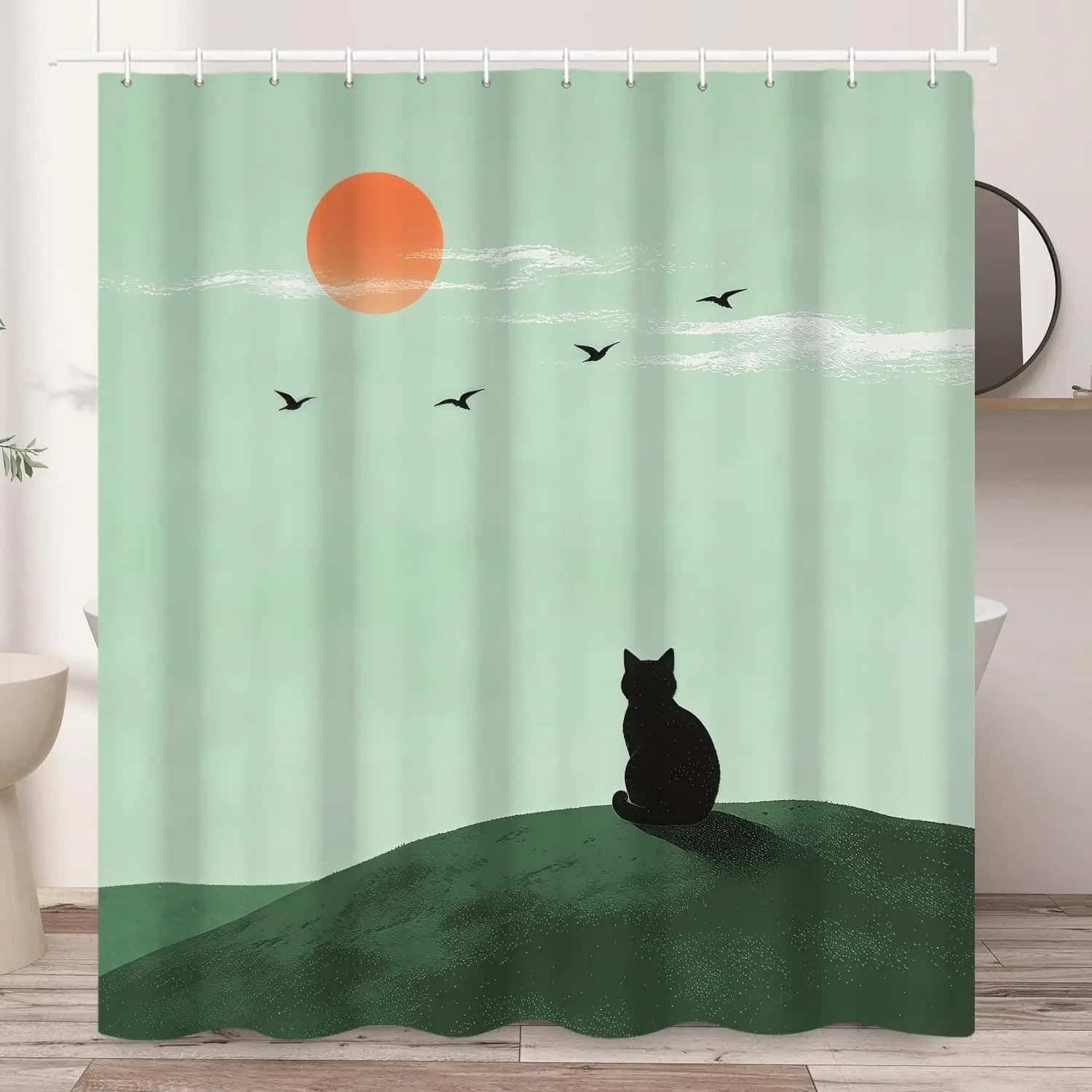 Tenda da doccia Black Cat con tramonto e uccelli, tenda da doccia artistica in tessuto con paesaggio e ganci, estetica e impermeabile