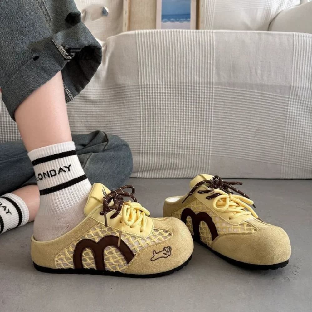 Mesh Spliced Half Slide Mules Women's Sneakers Letter Embroidery Slip-on Casual Flat Shoes
