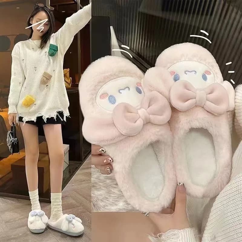 Cute Cinnamoroll Plush Slippers Sanrio Women Kawaii Flat Cotton Shoes Pink Winter Keep Warm Soft Cute Student Girl Sweet Gift