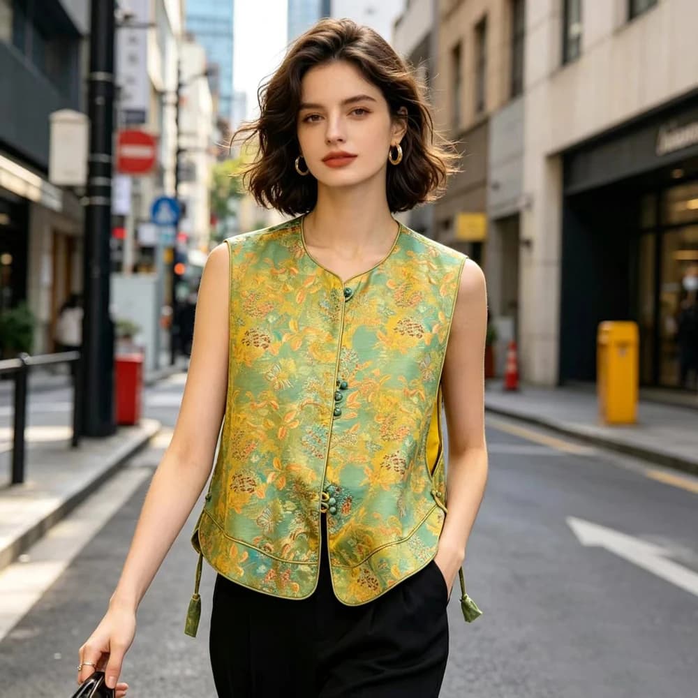 Vintage Chic O-neck Vest Buckle Jacquard Vests Jacket Celebrity Sleeveless Hanfu Top Elegance Chinese Style Women's Clothing