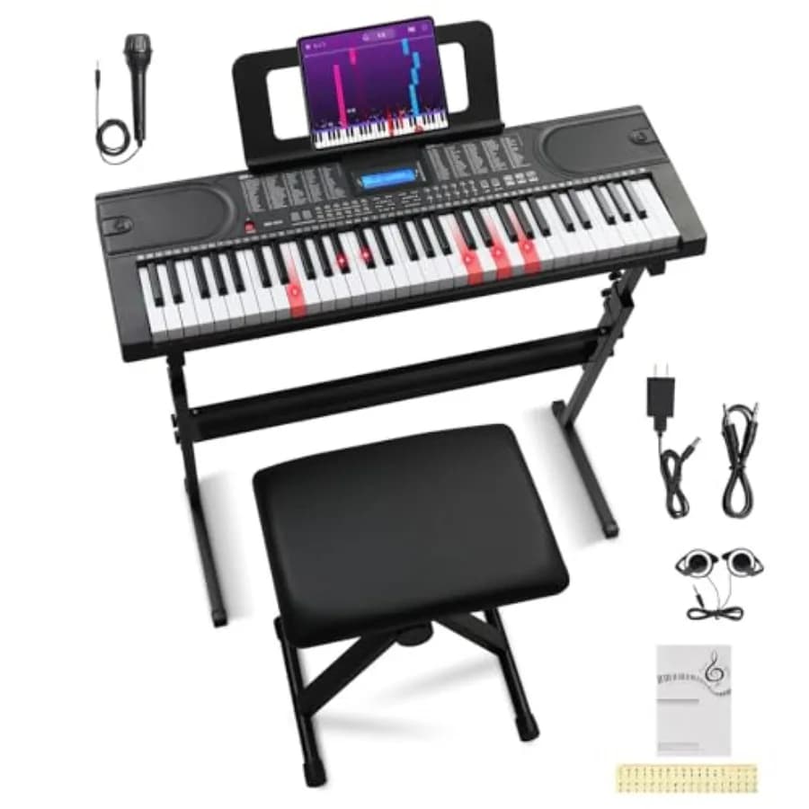 Tastiera Elettrica a 61 Tasti con Schermo LCD Chiaro, Supporto Regolabile e Sgabello, Cuffie, Microfono, Asta per Note