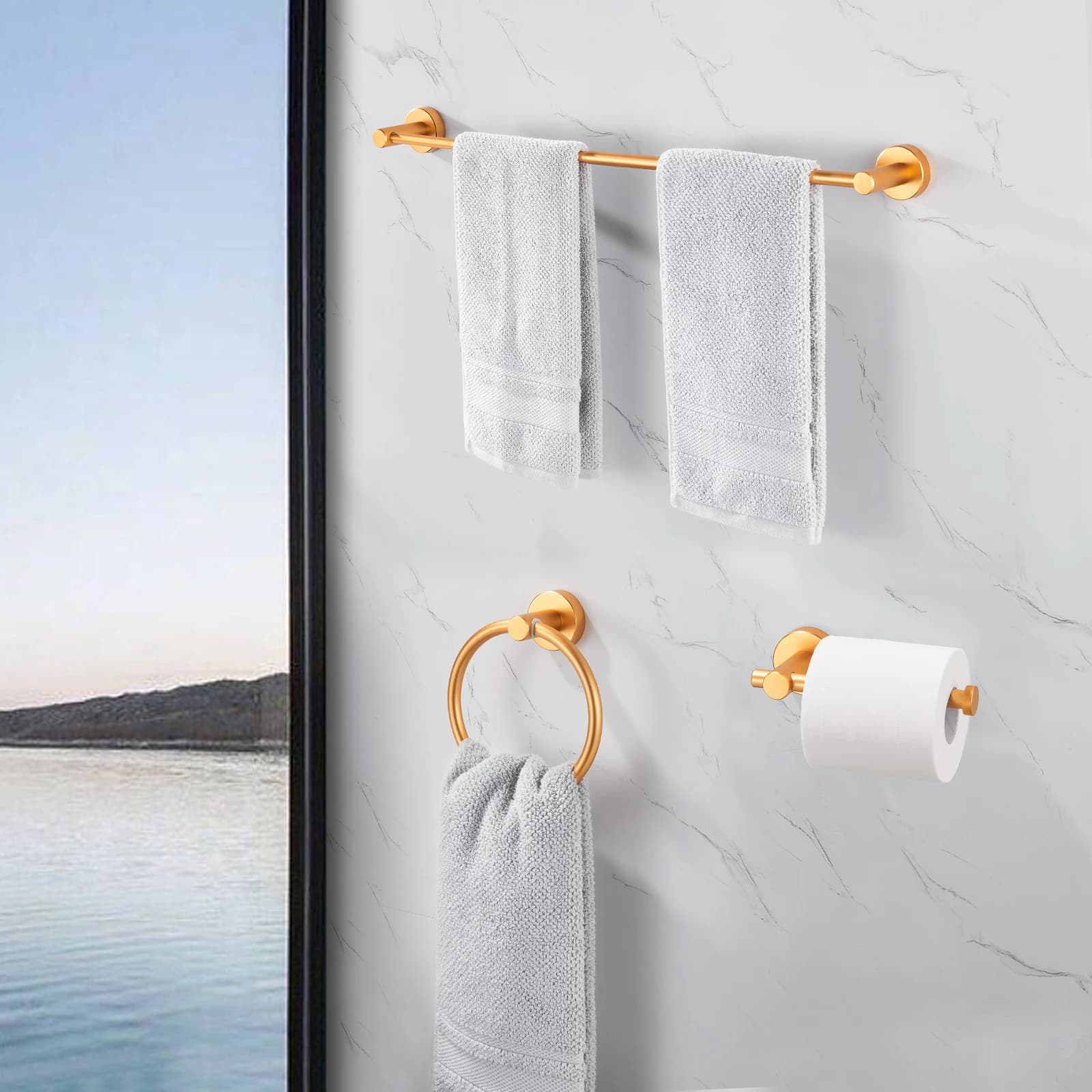 Set di accessori per il bagno, set di portasciugamani da 3 pezzi in alluminio spaziale addensato - Set di accessori da bagno regolabili in oro spazzolato da 16-27 pollici