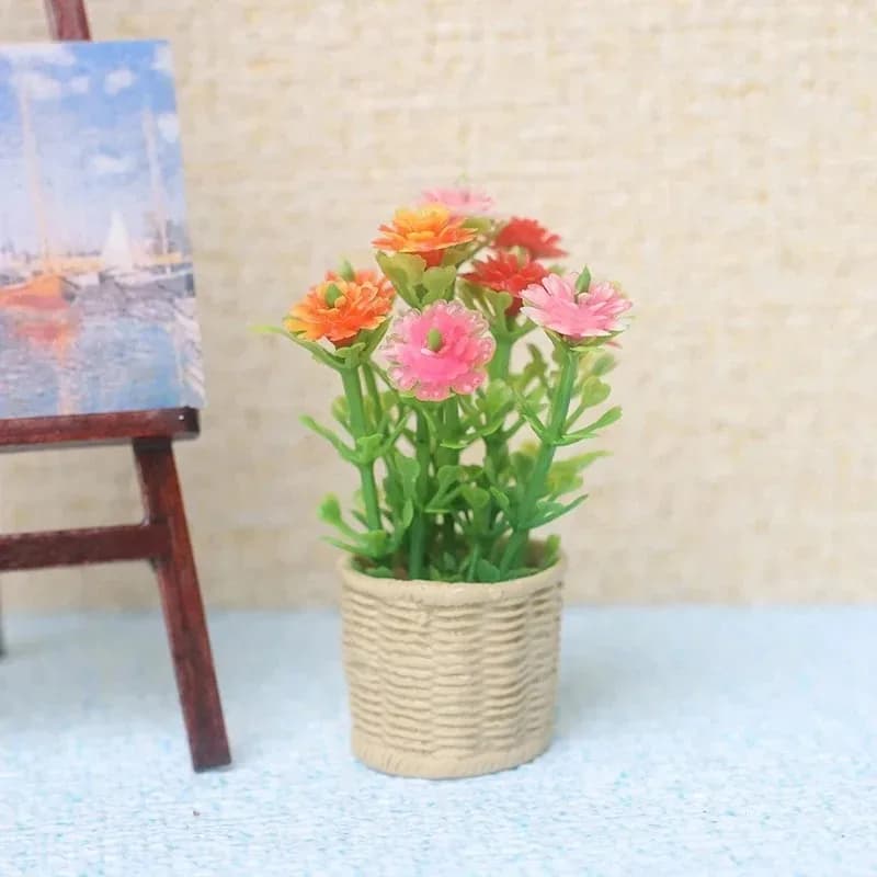 1:12 Dollhouse Mini Simulation Daisy Mint Potted Plant, Tiny Green Flower Pot Tree Model for Doll House Garden Scene Decoration