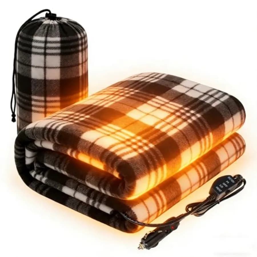 Coperta Riscaldante per Auto 12V, con Timer, Coperta Elettrica per Auto, Camion, Camper, Coperta da Viaggio Riscaldata Portatile con Impostazioni, Include