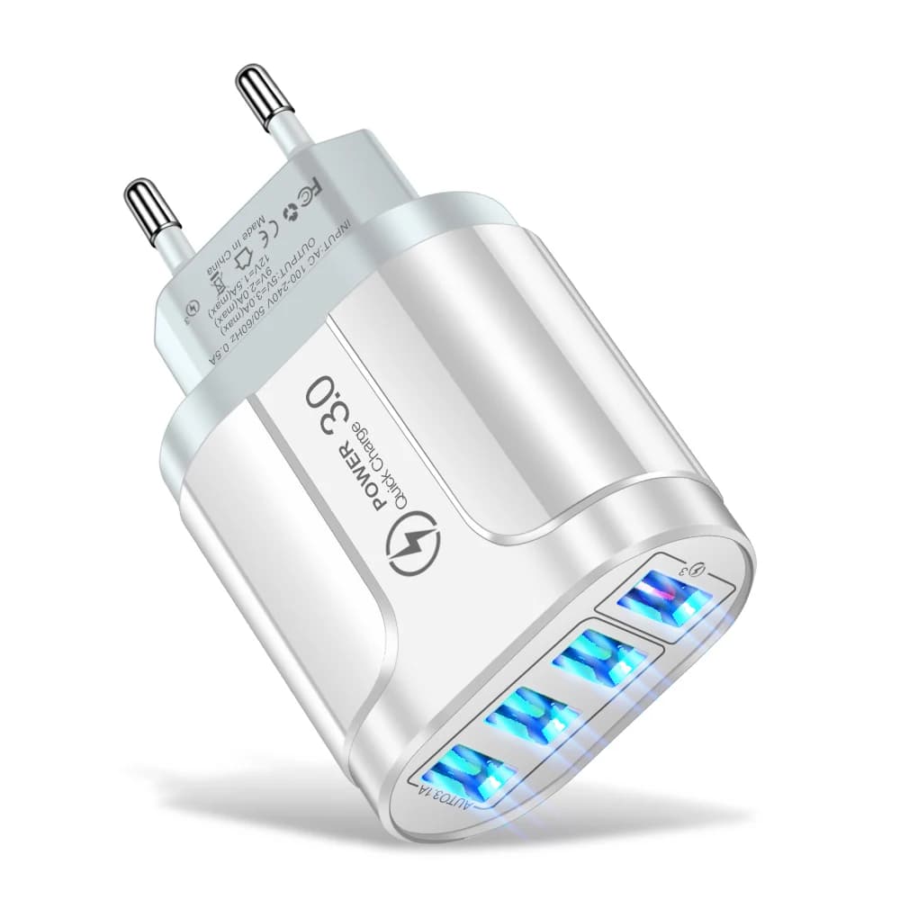 Caricatore da Muro USB QC3.0 a 4 Porte da 48W, Adattatore da Viaggio Universale, Blocco di Ricarica Rapida per Telefoni, Tablet e Dispositivi Multipli