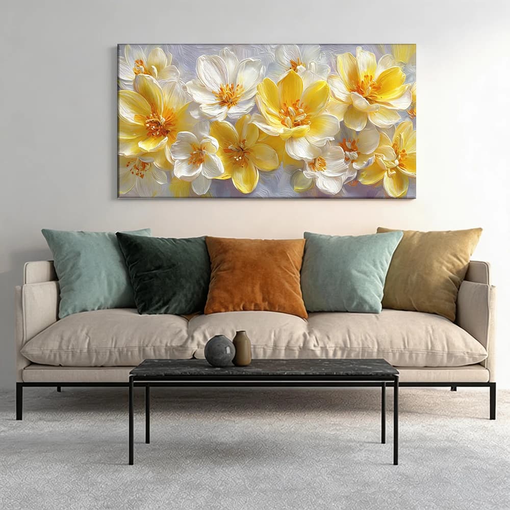 Painted on canvas with large wooden frame, 1 piece, painted with white and yellow flowers.