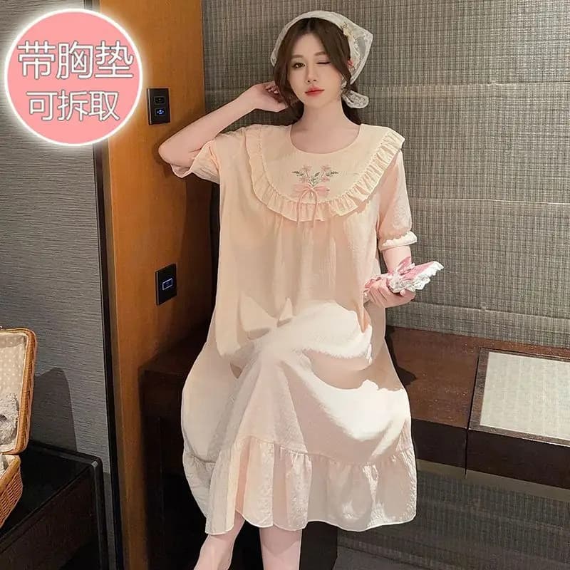 M-5XL Plus Size Summer Sweet Nightwear Short sleeves Doll collar Night shirt with chest Korean students Homewear Slow pyjamas