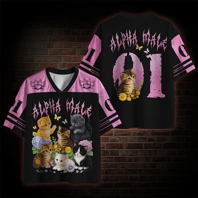 Punk Death Metal Style V-neck Mesh Jersey Cute and Fun Multiple Cats Butterfly Print Street Style Breathable Short Sleeved Top