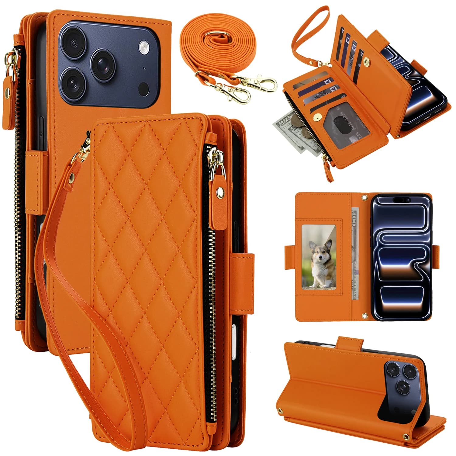 Custodia a Portafoglio in Pelle con Cerniera e Scomparti per Carte, Antiurto e Portatile, per iPhone 17 Pro Max 16 Plus 15 14 13 12 11
