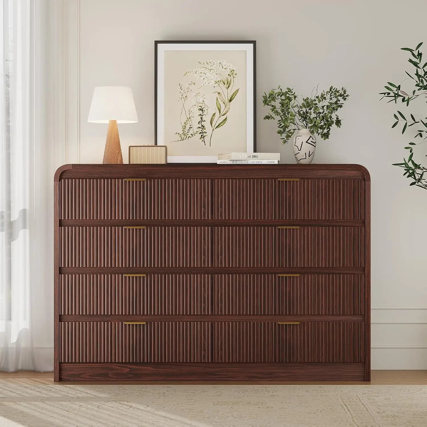 Fluted 8 Drawers Dresser, 55" Wide with Metal Handle, Curved Profile, Storage for Bedroom Living Room Hallway, Customized