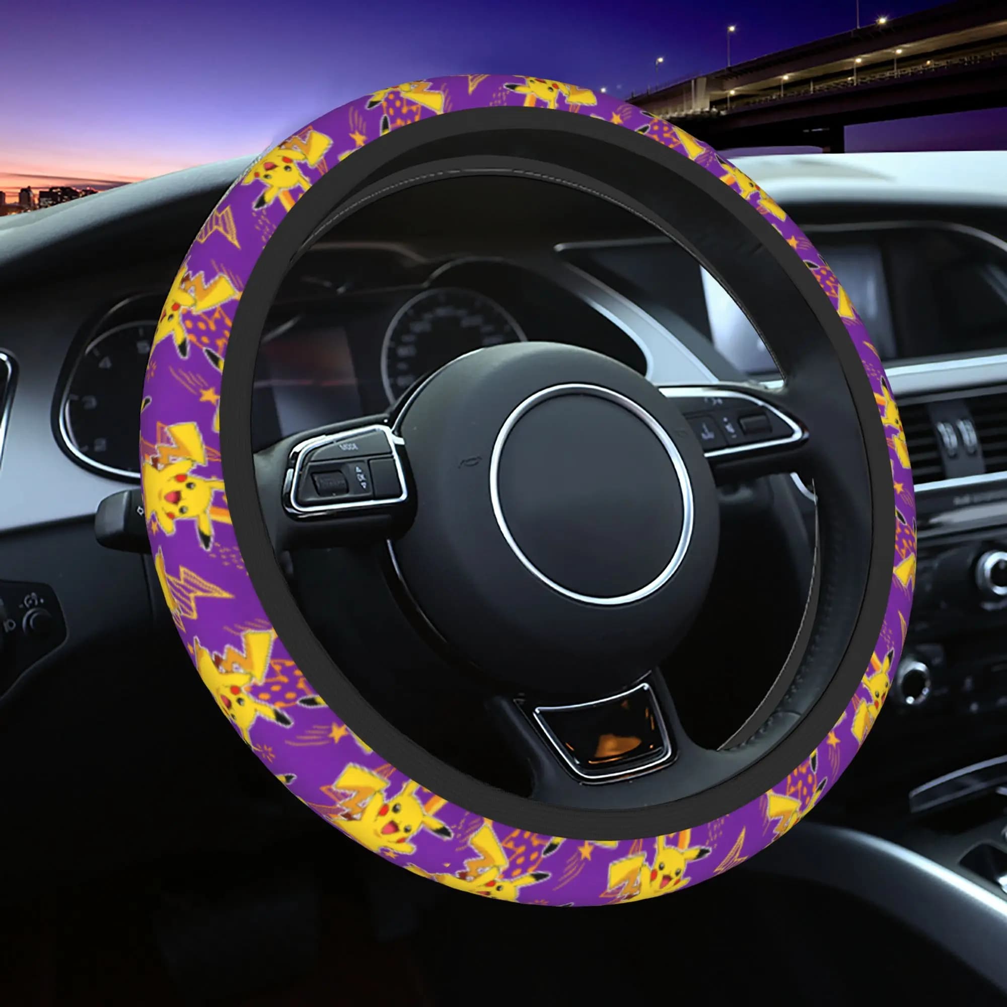 Coprivolante per Auto 38cm Antiscivolo con Motivo Pokemon, Copertura Protettiva Elastica per Volante, Accessori Interni per Auto
