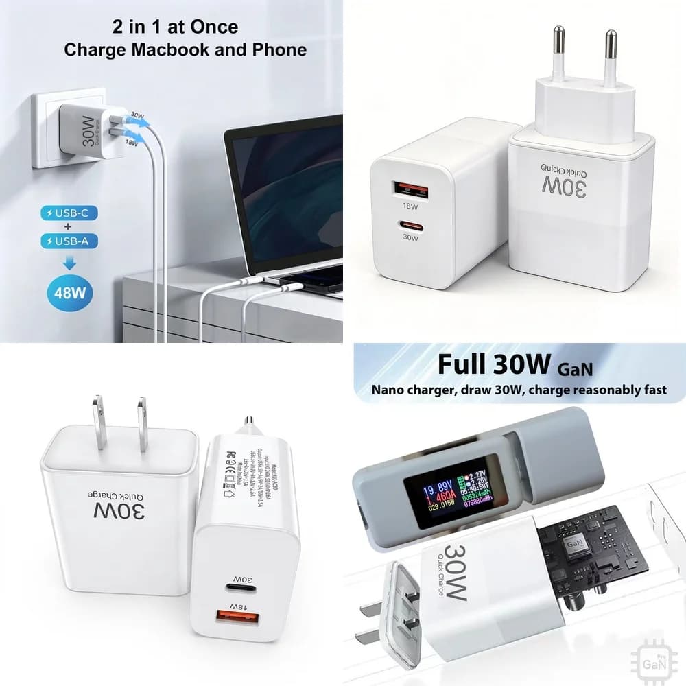 30W Type C Fast Charger Dual Port EU US Plug Smart Wall Adapter for iPhone 17 16 15 Pro Max Samsung S26 S25 S24 Plus iPad Air