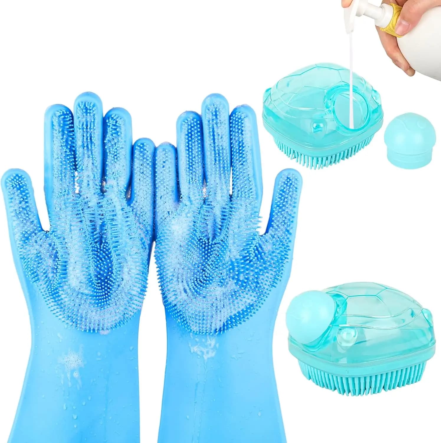2 guanti per il lavaggio dei cani e spazzola per shampoo, accessori da bagno per cani e gatti, set pratico per la toelettatura degli animali domestici
