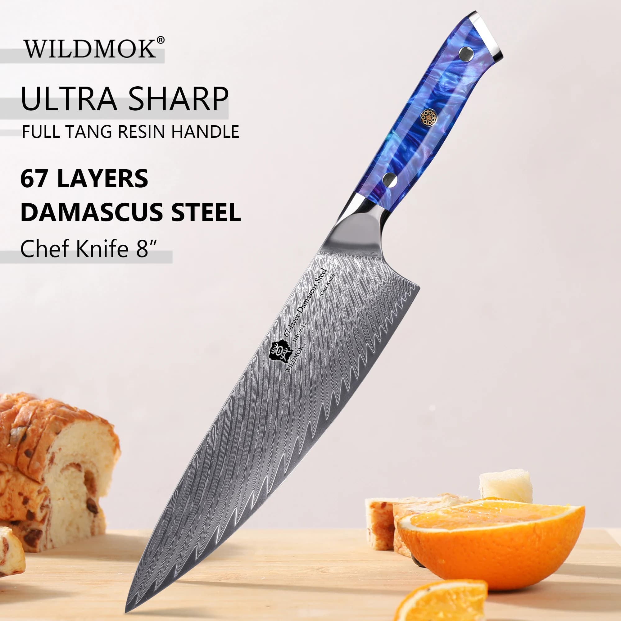 WILDMOK 8 inch cook knife 67 layers High carbon steel kitchen knife Damascus VG10 with blue resin handle