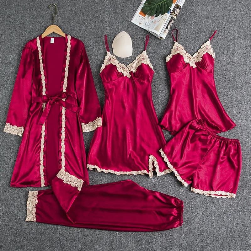 Set di indumenti da notte da donna in seta di pizzo sexy e alla moda da 5 pezzi, camicia da notte con reggicalze con scollo a V floreale dorato, accappatoio, abbigliamento estivo per la casa