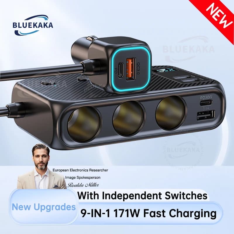 Nuovi aggiornamenti 171W/128W Adattatore per caricabatteria da auto 9 in 1 Splitter per accendisigari PD30W/QC 3.0 Interruttori indipendenti Presa per accendisigari USB di tipo C a ricarica rapida per Xiaomi Samsung Hu