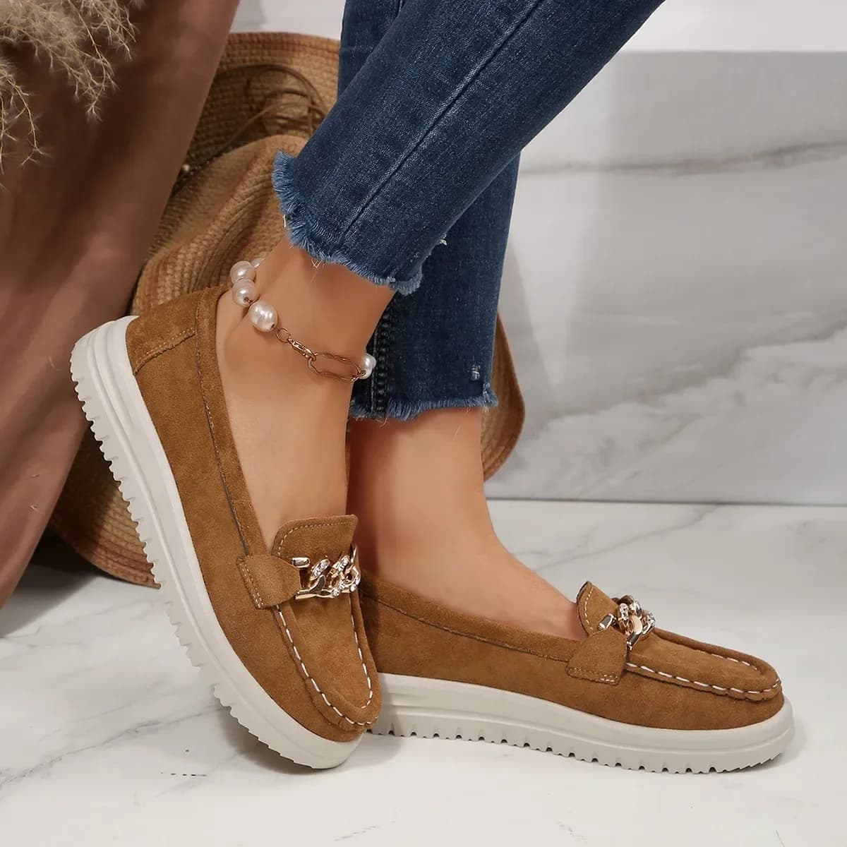 Scarpe da donna Mocassini Ballerine Catena di metallo Scarpe da ginnastica casual decorate Scarpe slip-on alla moda Scarpe casual con plateau da donna