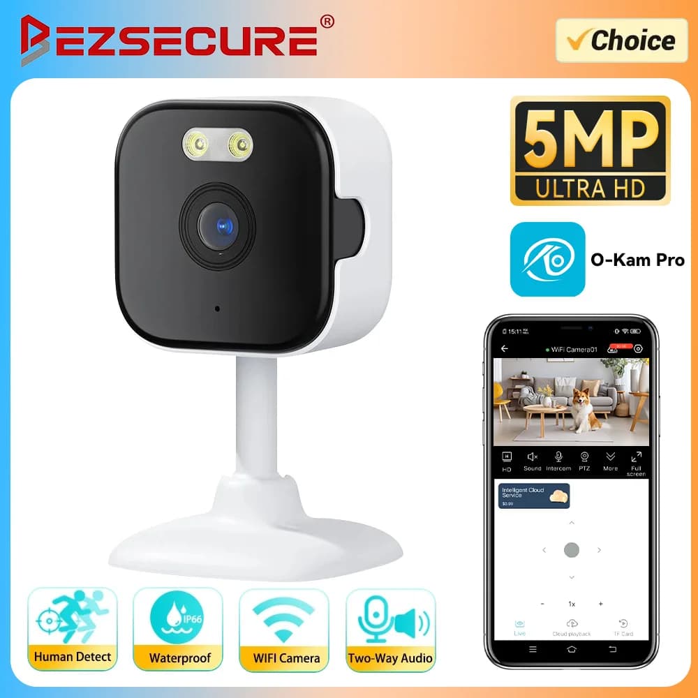 Mini Telecamera IP WiFi 5MP per Interni, Visione Notturna a Colori, Sicurezza Domestica, Rilevamento AI Umano, Sorveglianza CCTV, Telecamera Blocco con App O-KAM