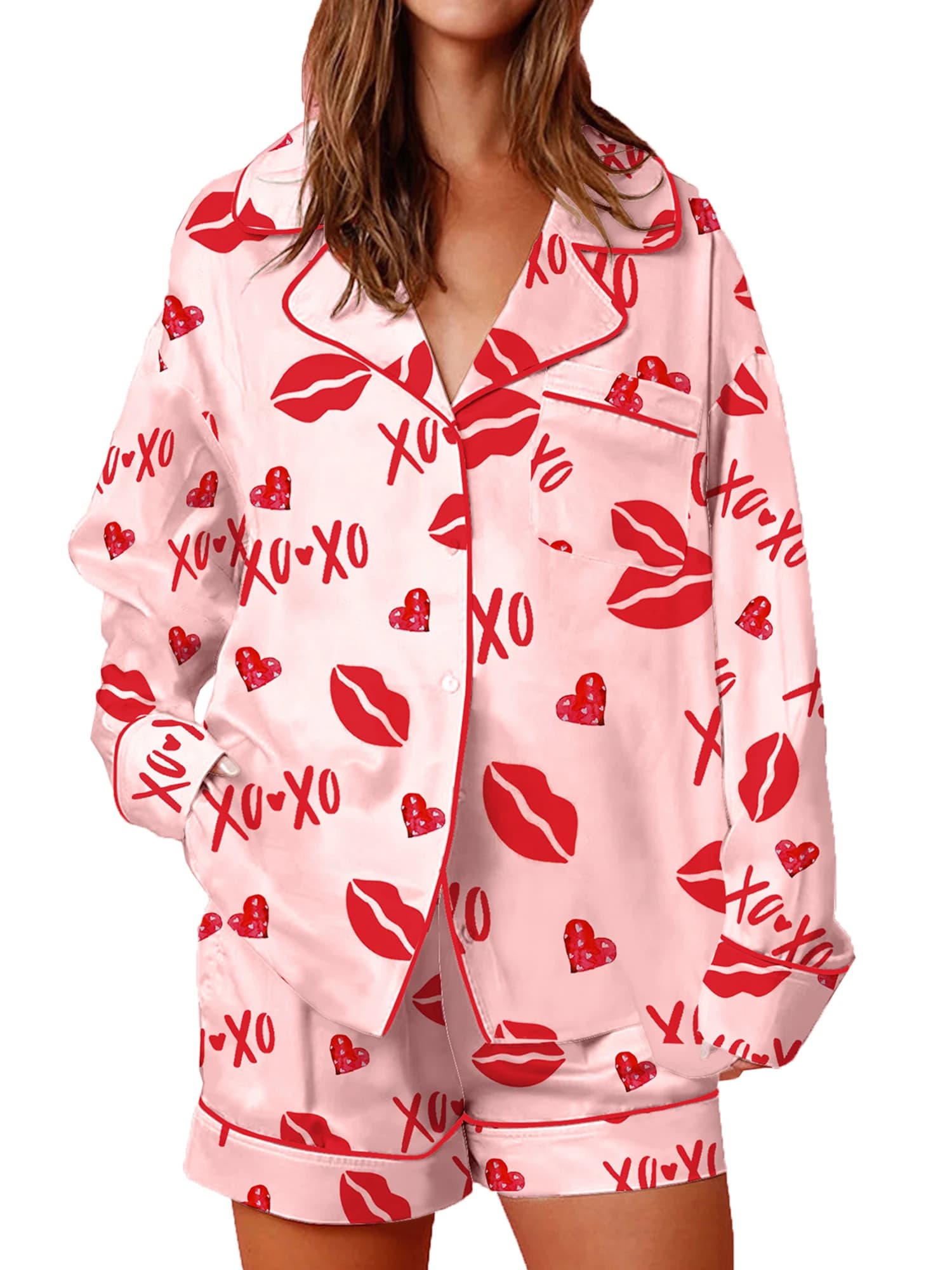 Women's pajamas set for Valentine's Day with top and shorts with long sleeve buttons with heart print Set of 2 pieces with seating clothing
