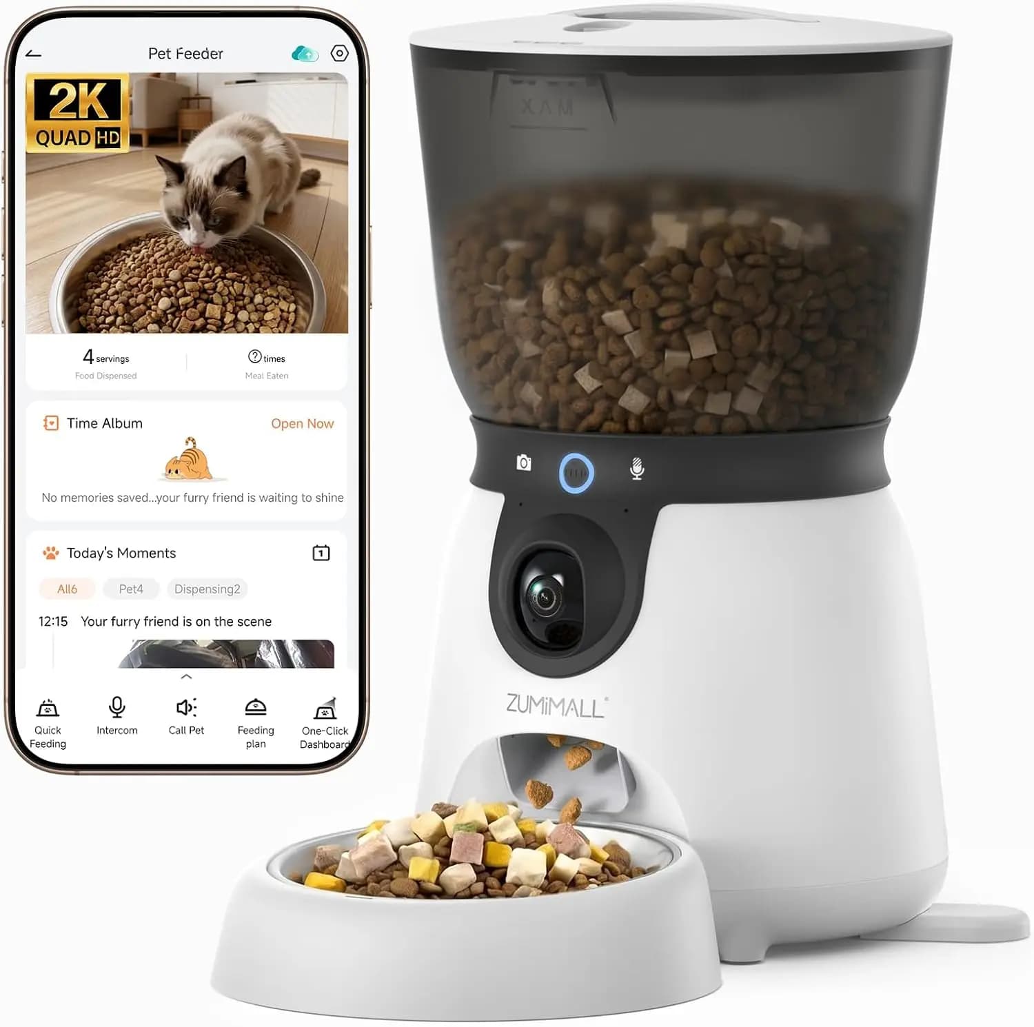 ZUMIMALL Automatic Pet Feeder with 2K Camera, 2.4G/5G Dual-Band WiFi Cat Feeder with 167° Wide View to See Bowl, Smart Dog Food Dispenser with AI Bark/Meow Alert, Self-Fixing Clog-Free, 4L