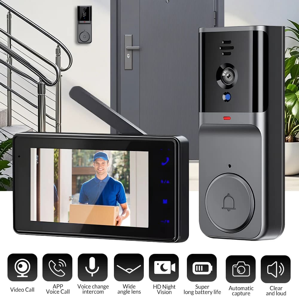 4.3" HD IPS Screen Wireless Visual Intercom Doorbell, 2.4G Smart Video Doorbell Camera 2-Way Talk Audio, Clear Night Vision Low Consumption Long Standby No WiFi Needed Household Home Security Monitoring System