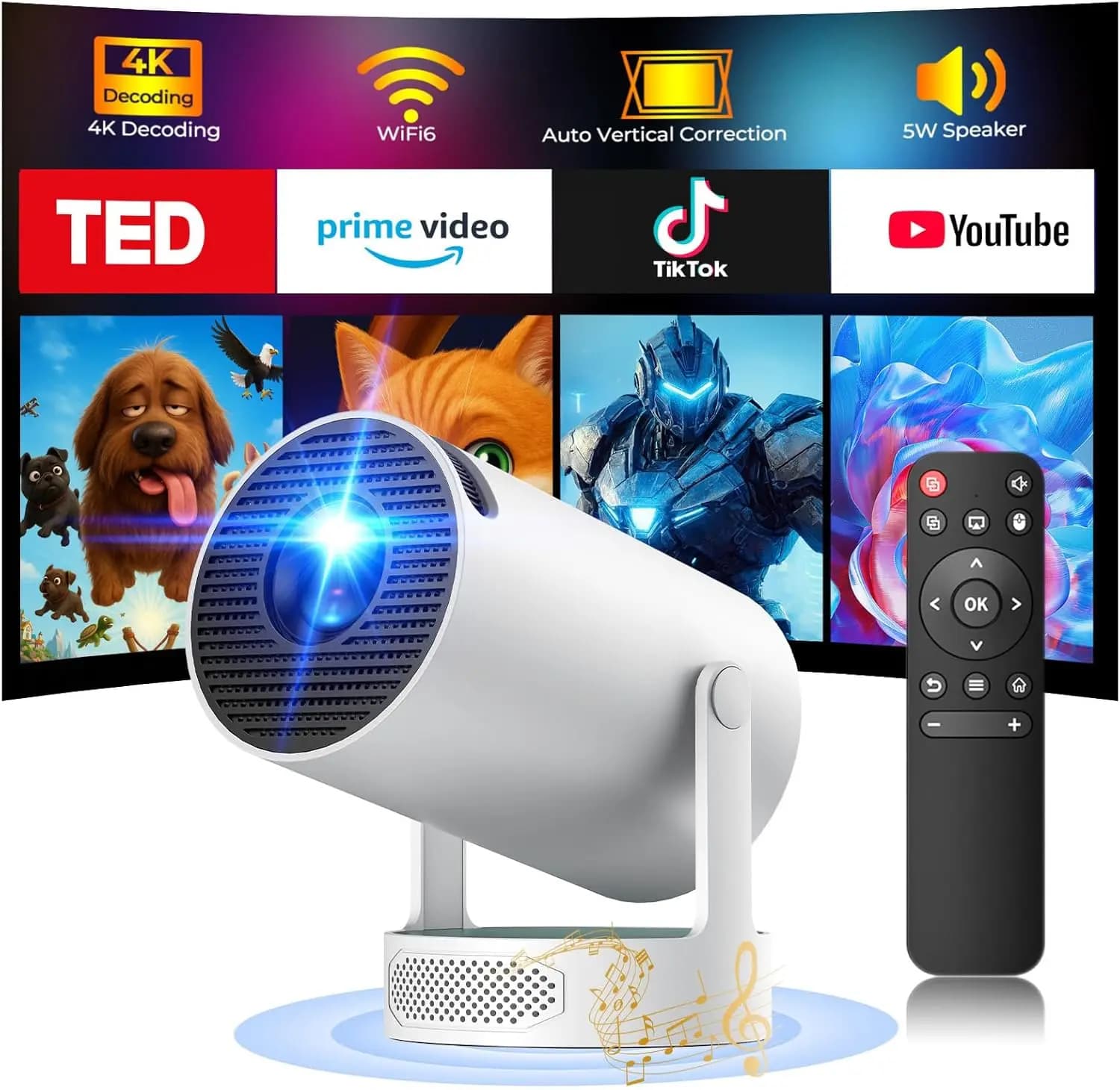 Mini Proiettore con WiFi e Bluetooth, Proiettore Portatile 4K Ready, Proiettore Smart da 300 ANSI Lumen, Correzione Automatica del Trapezio