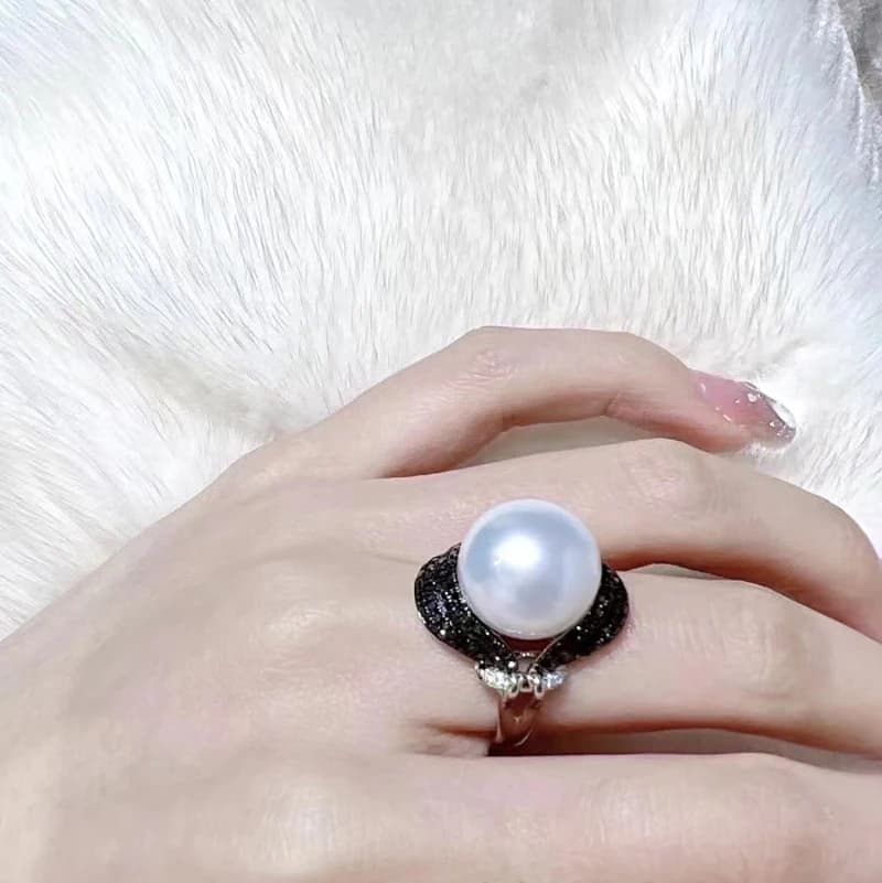 MeiBaPJ Luxurious 11-12mm Large Natural White Pearl Fashion Ring Black 925 Silver Wedding Jewelry For Women Tray Vacuum