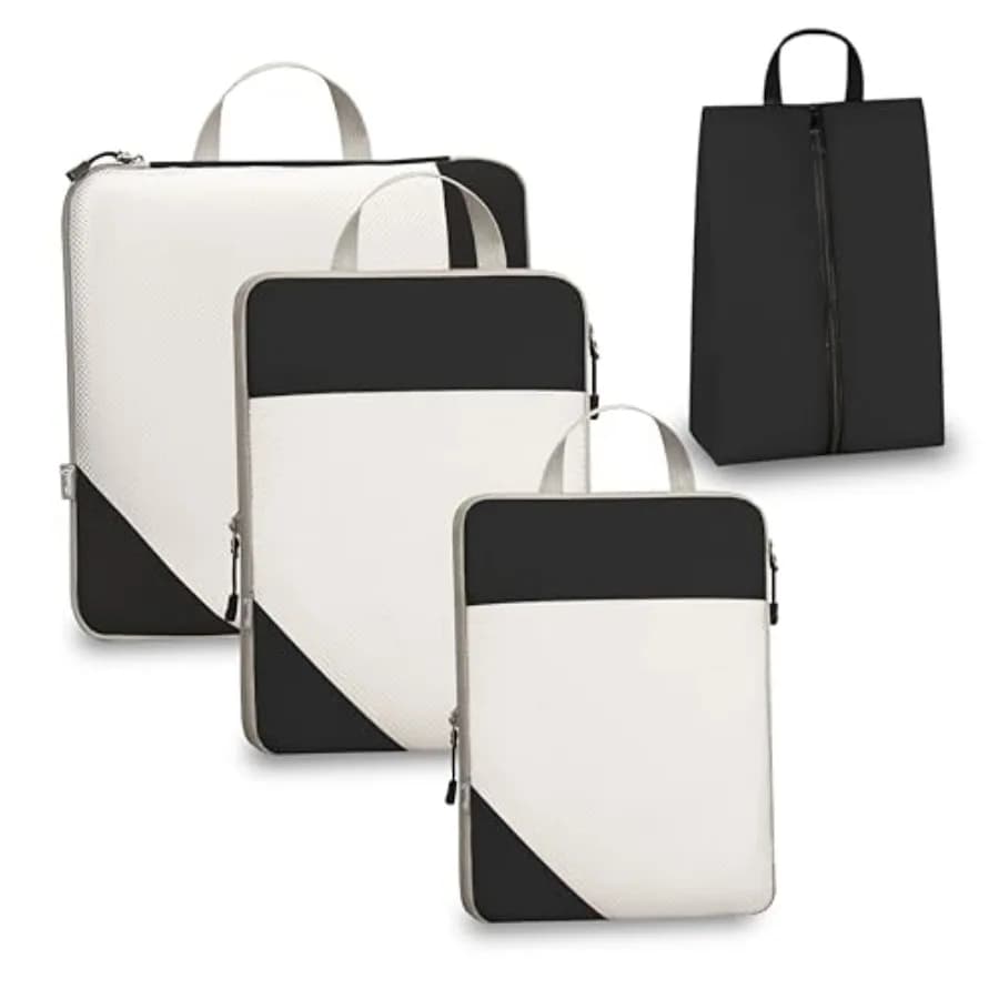 Set di 4 Cubi di Compressione per Viaggi, Organizzatori Espandibili per Valigie con Rete Bianca, Leggeri in Poliestere Oxford