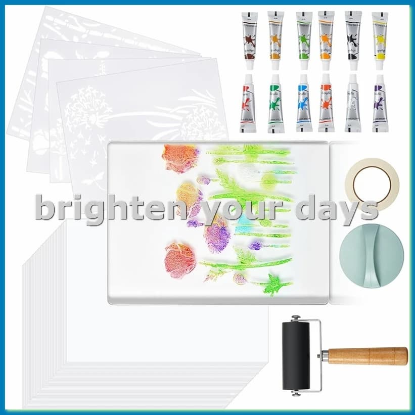 8 X 10 Inch Gel Printing Plate Kit, Complete Monoprinting Set with Brayer, Acrylic Paint,Paper and Tools for Card Making-A46I