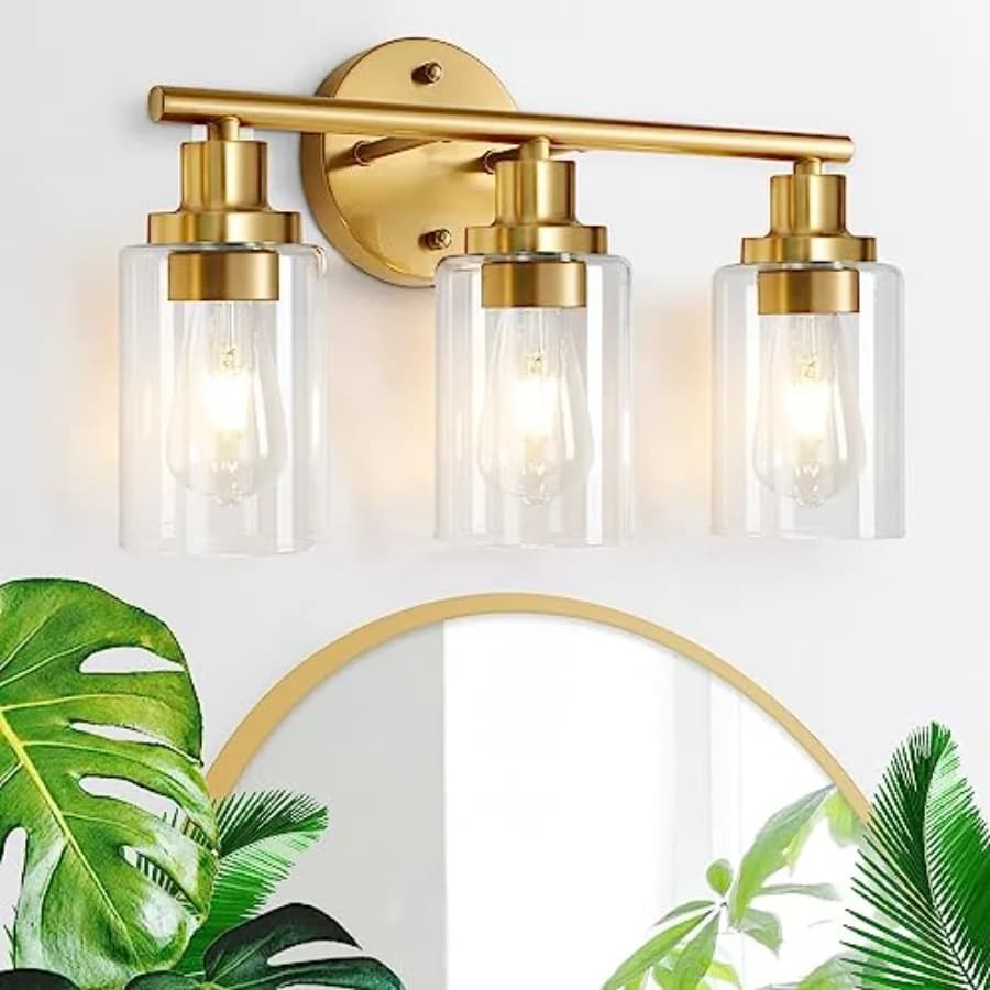 Applique da Bagno a 3 Luci con Paralume in Vetro Trasparente, Lampada da Parete Moderna Stile Fattoria per Specchio del Bagno
