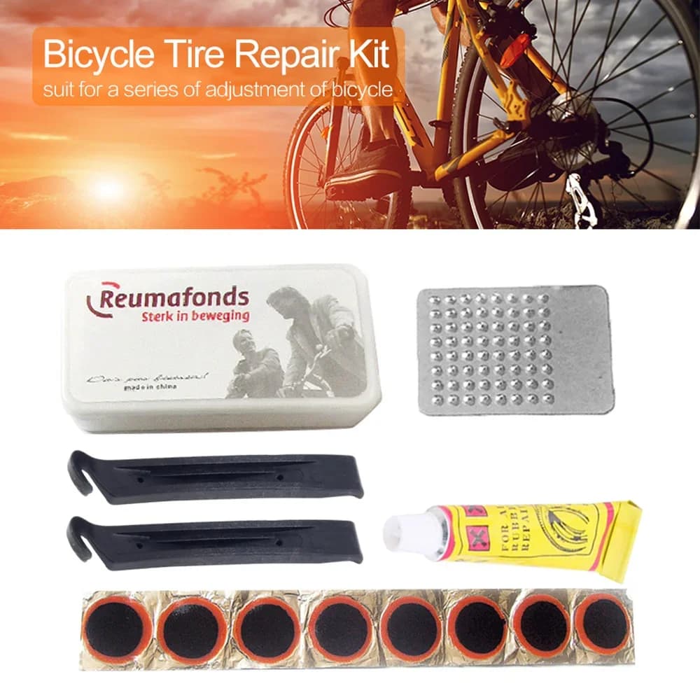 Kit di riparazione pneumatici per biciclette strumento di riparazione Mountain Bike ciclismo riparazione pneumatici piatti Patch di gomma Set di leva per colla Kit di riparazione pneumatici accessori