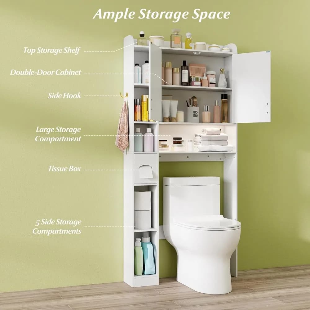 Mobiletto Salvaspazio da Bagno Sopra il WC, 80 cm di Larghezza, Autoportante con Luce LED, Porta Carta Igienica, Ganci Laterali e Personalizzabile