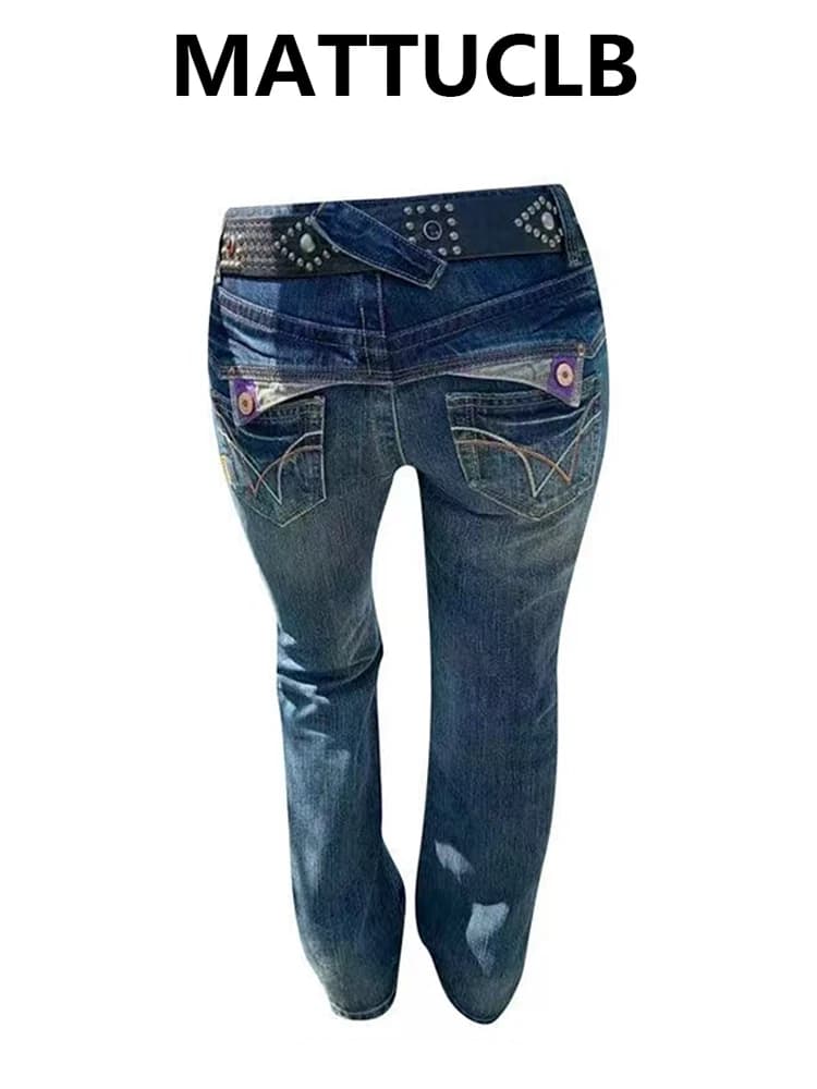 Women's Jean Low Rise Bootcut Jeans American Retro Denim Pants Y2K Stretch Skinny Jeans Japanese Harajuku Gyaru Designer Long