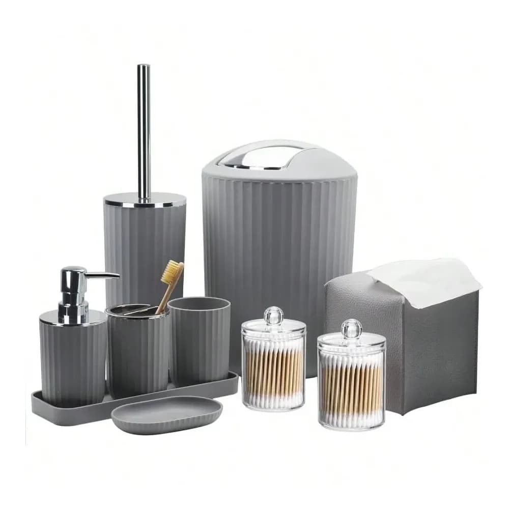 Set di Accessori per il Bagno, 10 Pezzi, con Cestino, Portaspazzolino e Portabicchiere, Portasapone