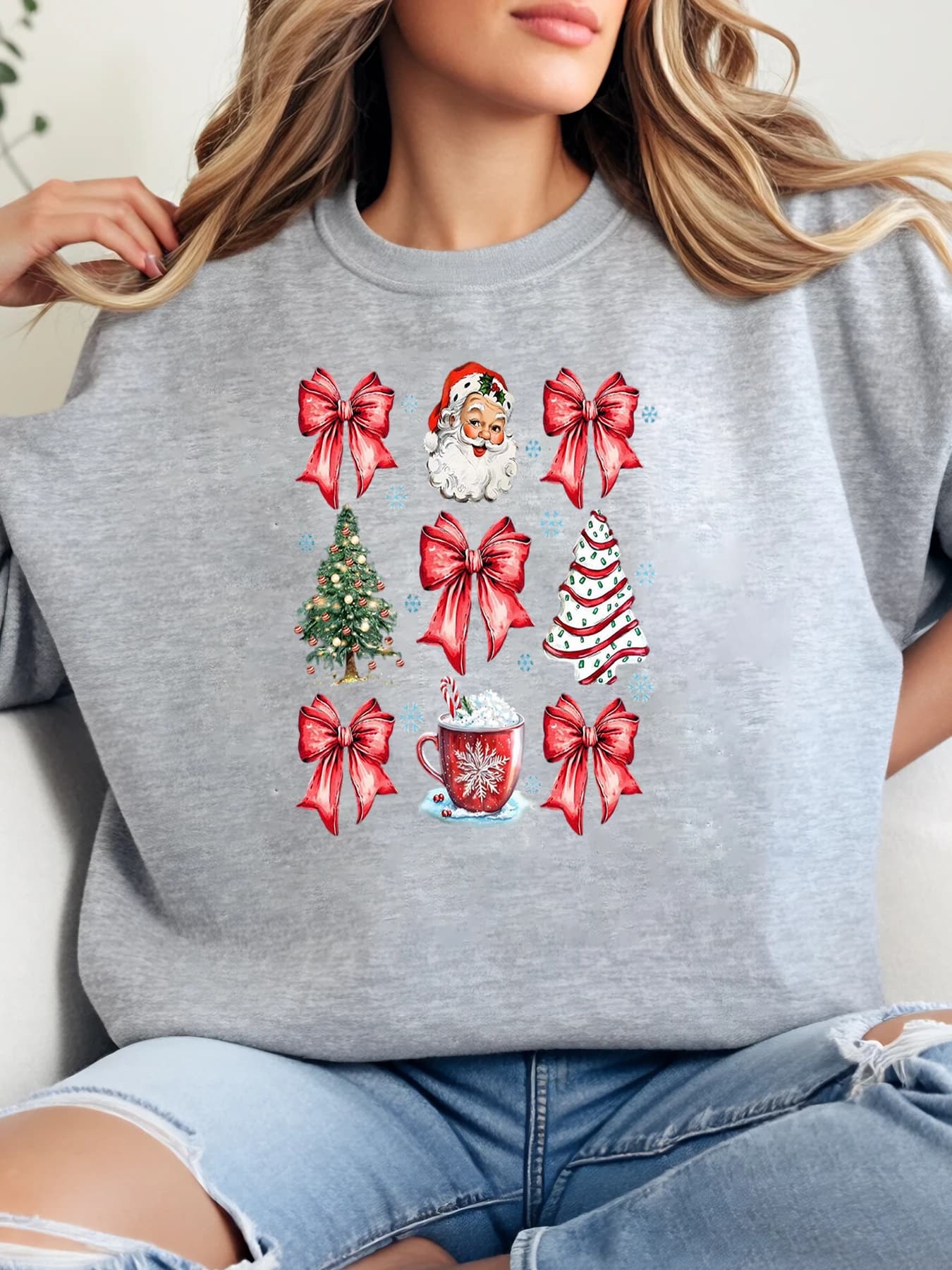 Christmas sweatshirt with bow and bow with bow for Santa Claus tree, women's holiday sweatshirt, casual winter clothing, grey strong sizes