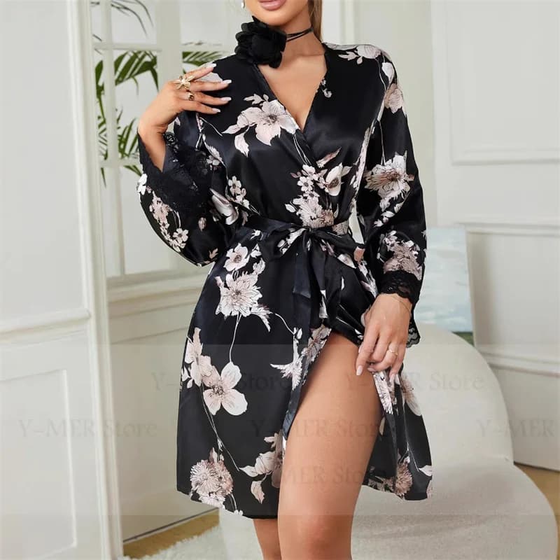 Lady Ice Silk Lace Trim Robe Satin Print Flower Kimono Gown Short Sleepwear Nightweawr Summer Autumn Casual Lingerie Pajamas