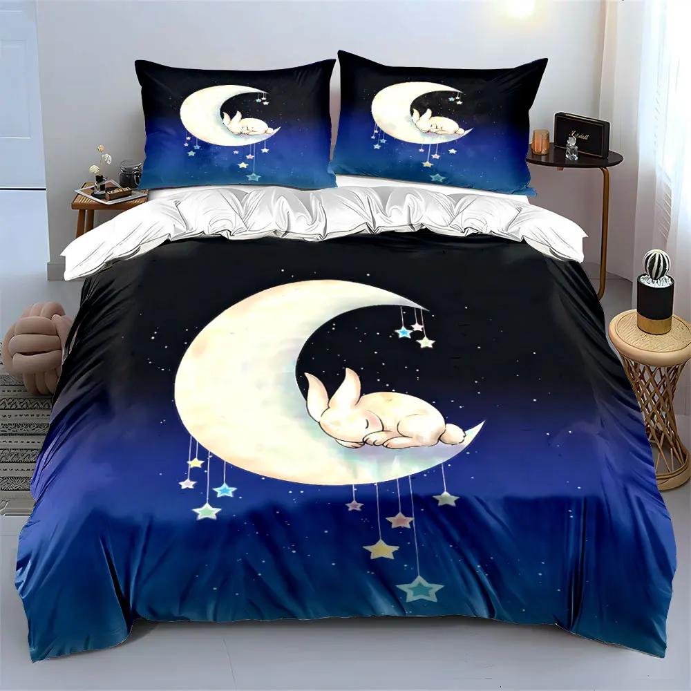 Set Decorativo Coniglietto Dormiente e Luna, Set Copripiumino Morbido e Confortevole, Include 1 Copripiumino e 2 Federe, Regalo