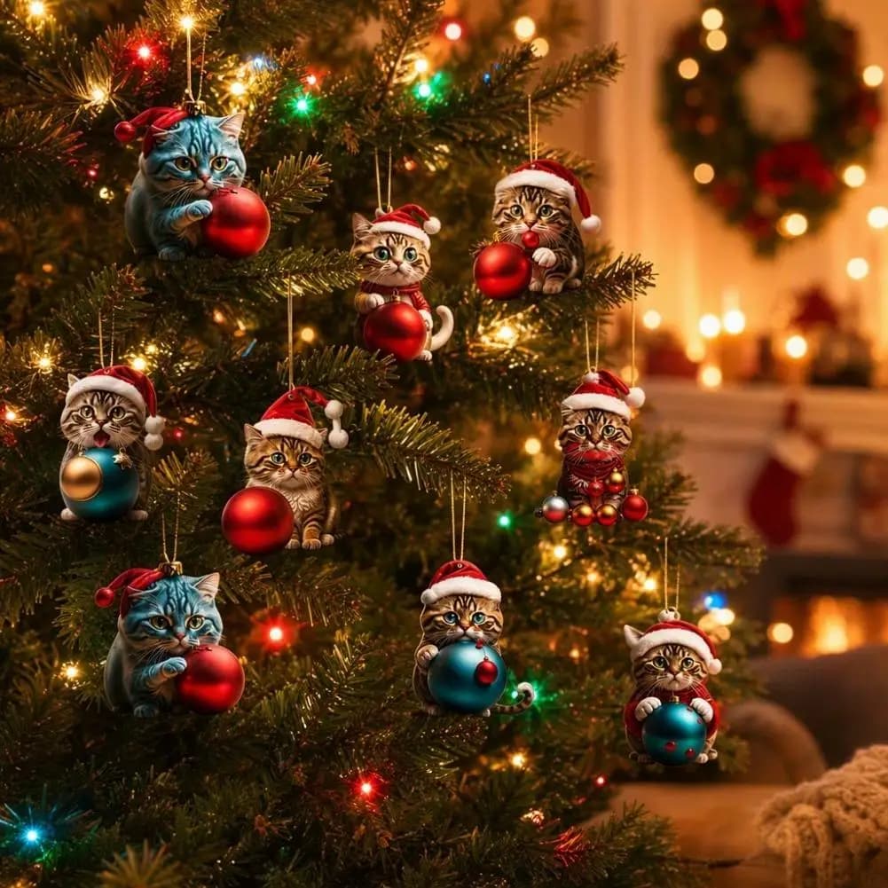 Christmas Tree Cat Ornaments 10PCS Acrylic Hanging Decorations Cute Winter Cat Santa Hat Pendants Xmas Holiday Decor