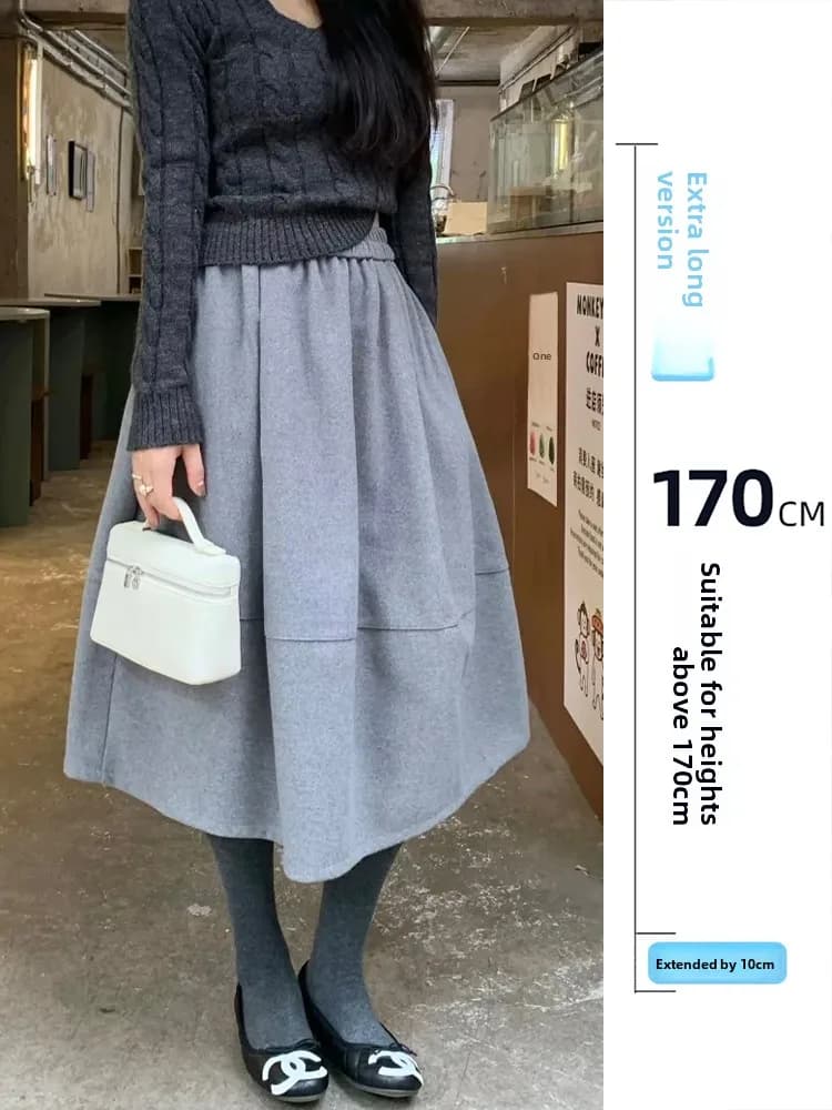 Gonna lunga in tweed a vita alta elasticizzata da donna, nuova collezione primavera autunno, stile coreano, drappeggiata ed elegante