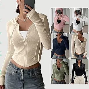 Knitted Cardigan Hoodies Zip Up Crop Top Sweatshirts Casual Jacket Women Spring Summer