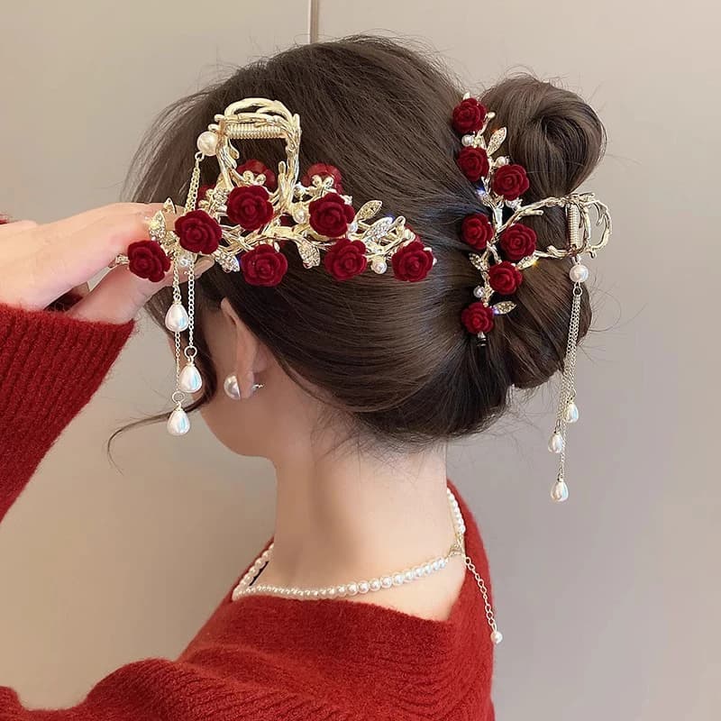 Eleganti fermagli per capelli a forma di rosa con nappe per donne e ragazze, graziosi e versatili, clip a forma di squalo, raffinati accessori per capelli da festa, idee regalo.
