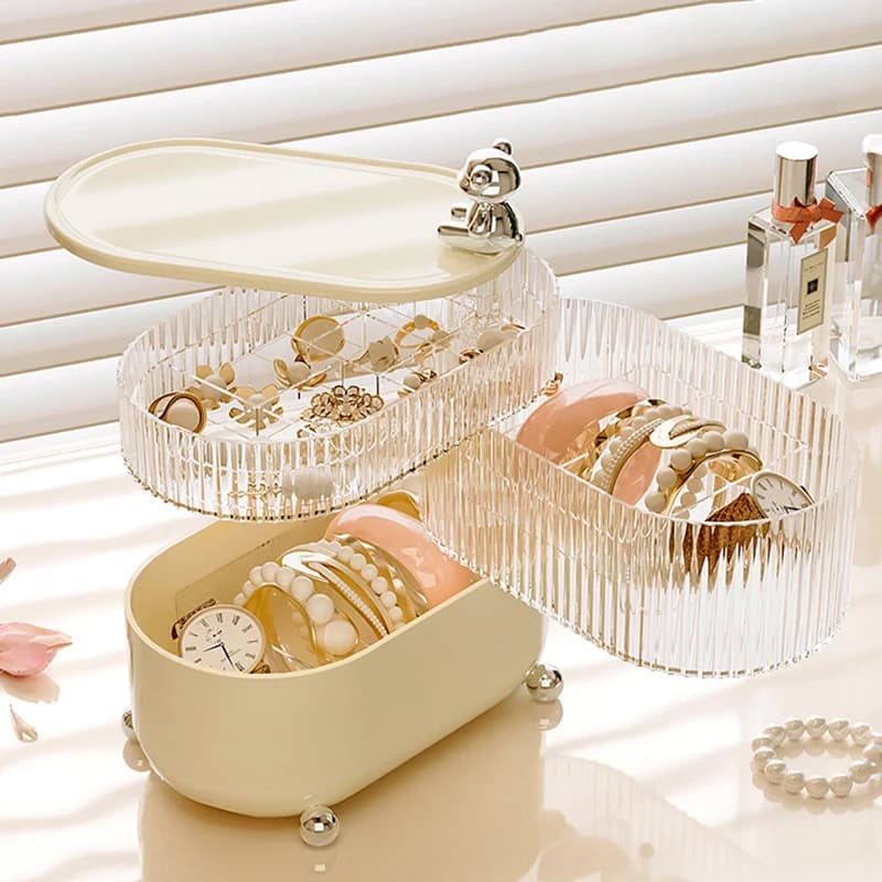 Little Bear Desktop Jewelry Storage Box Rotate Dividing Grids Cosmetic Dustproof Lipstick Light Luxury Organizer For Home
